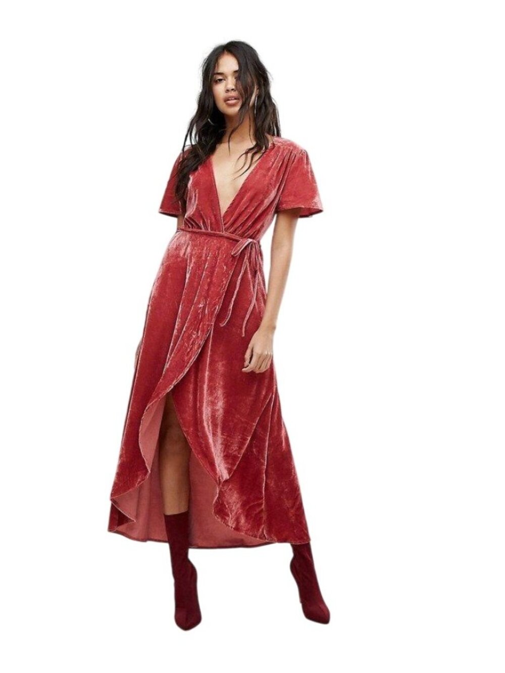 PrettyLittleThing Wrap Midi Dress Size 8 Velvet Tie Waist Short Sleeve Romantic